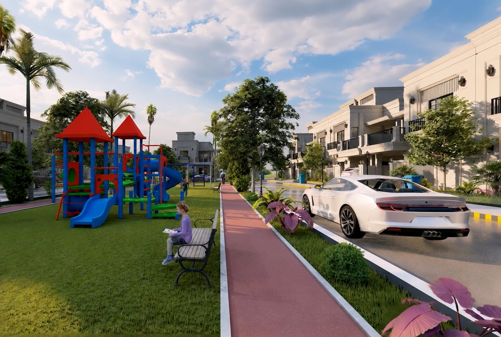 Children's playground and shaded walkway