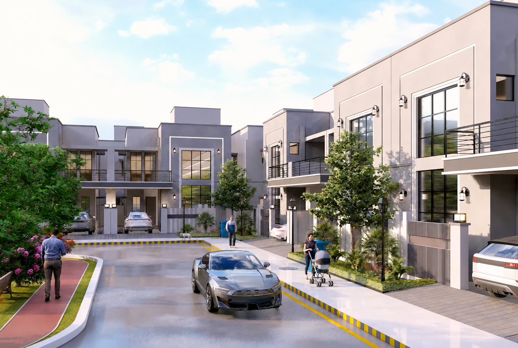 Villa street with car porches