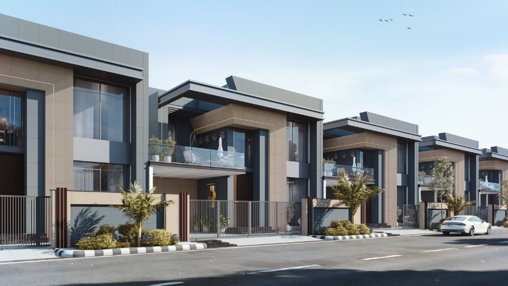 Street view render of a row of 10 Marla Lifestyle Villas