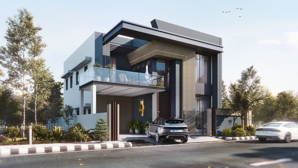10 Marla villa corner view with cars