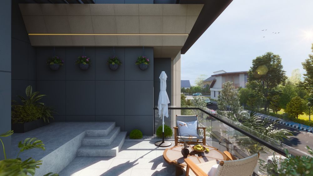 10 Marla villa terrace with seating and planters
