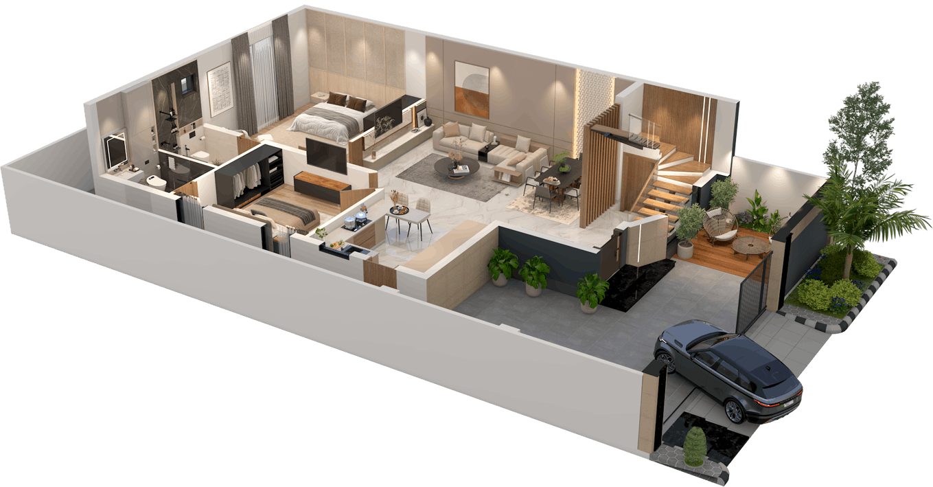10 Marla villa ground floor 3D layout plan