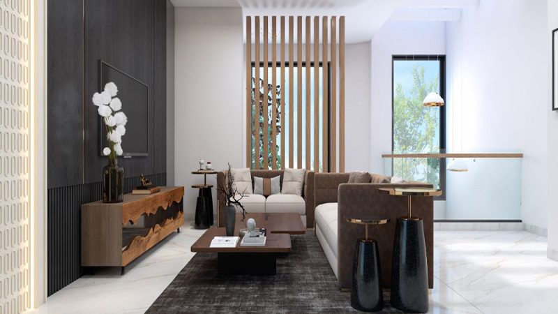First-floor lounge with sofa, console and slatted timber screen