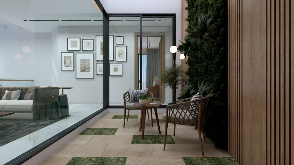 First-floor lounge with glass partition and green wall