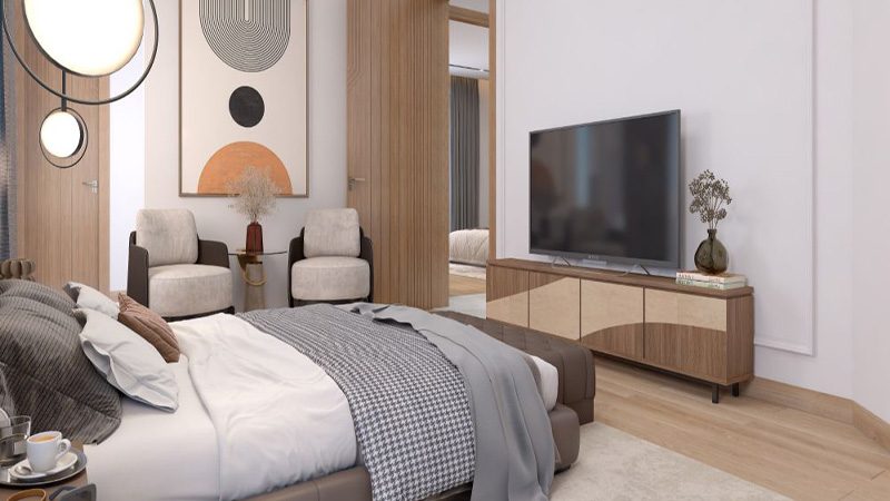 First-floor front bedroom with TV console, view 3