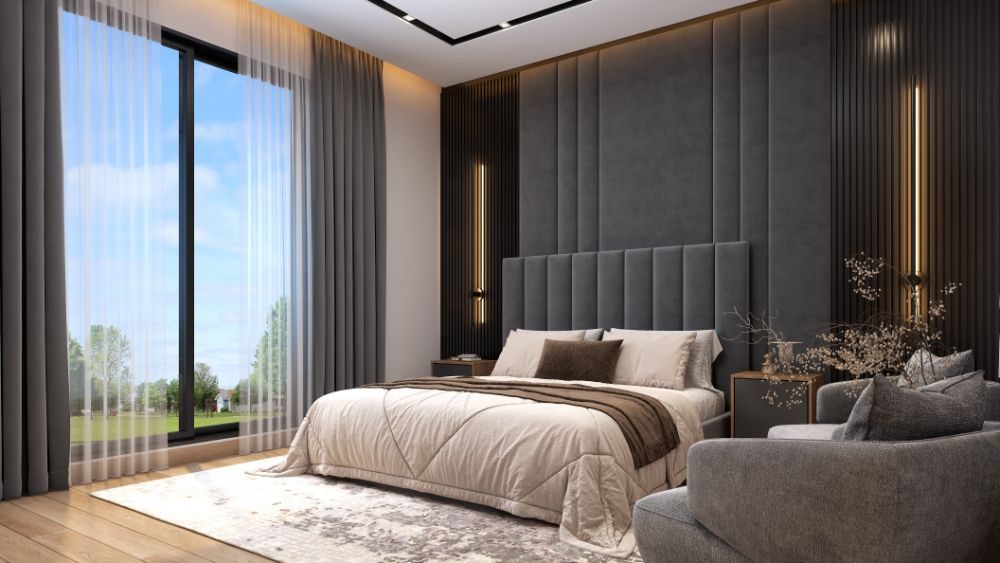 First-floor master bedroom with upholstered headboard