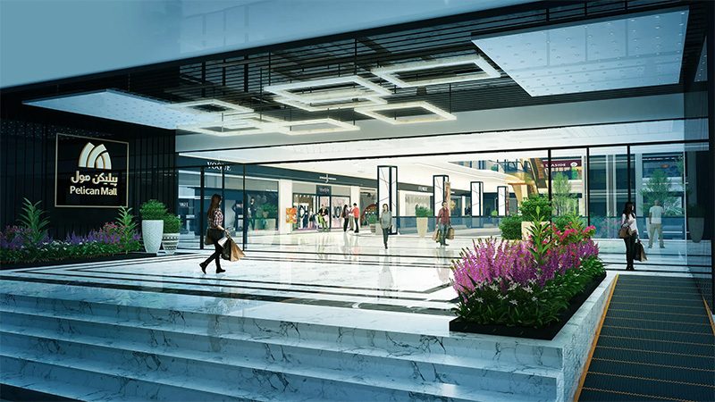 Pelican Mall main entrance plaza with steps, planters and glazed frontage
