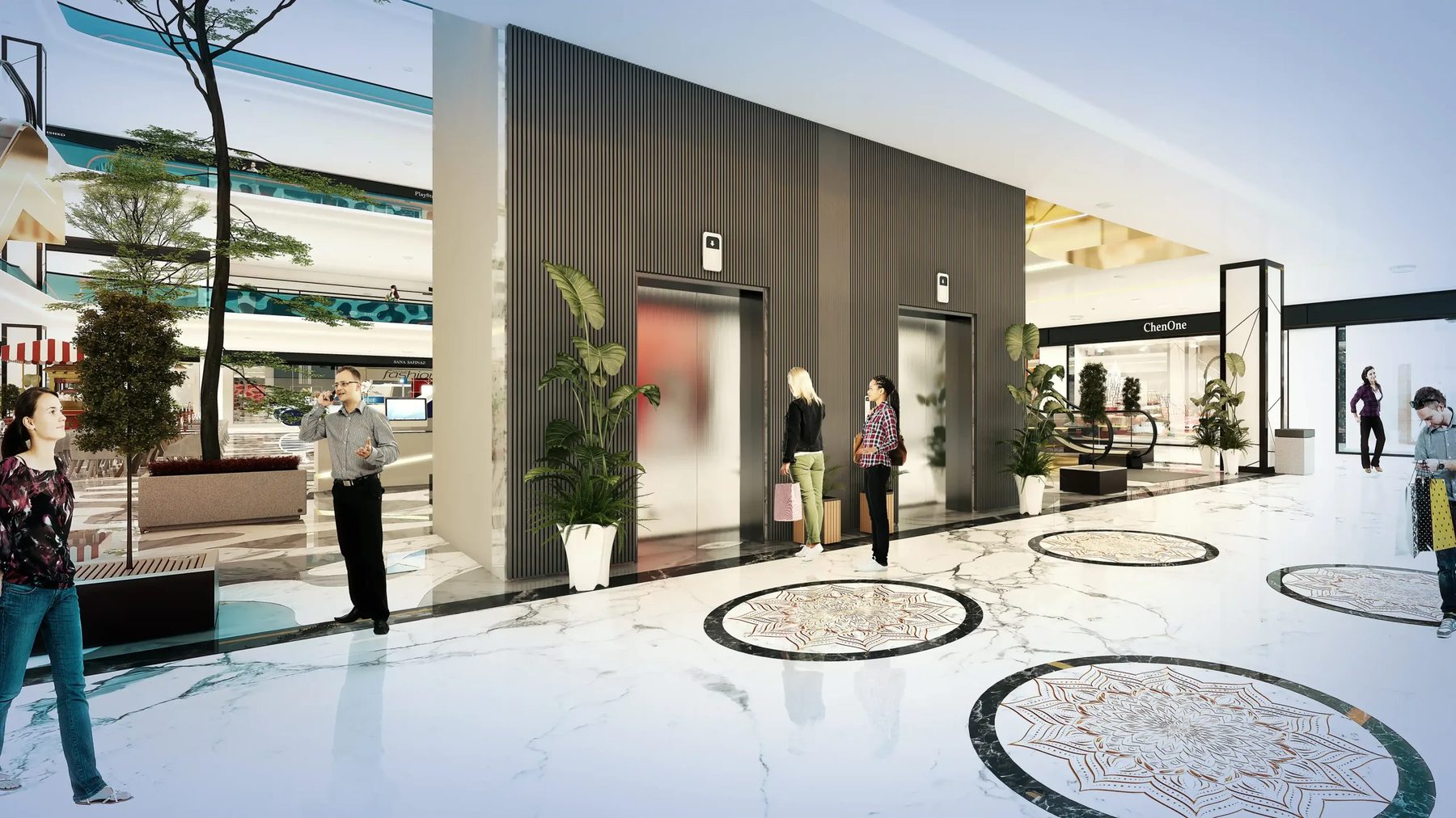 Mall shopping corridor with marble floor, lift lobby and shoppers