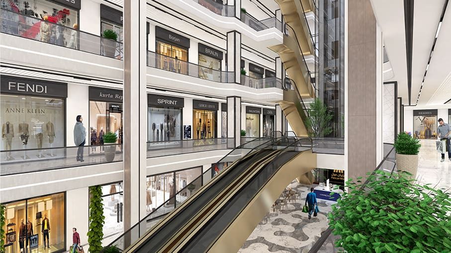 Multi-level mall atrium with branded shopfronts and escalators
