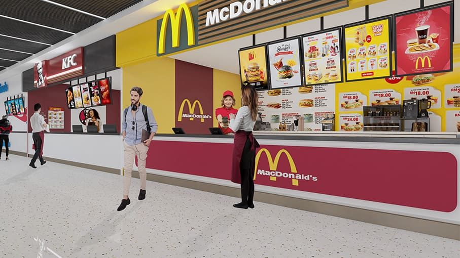 Food court with fast-food counters and seating