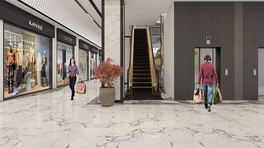 Shopping corridor with fashion outlets and escalator