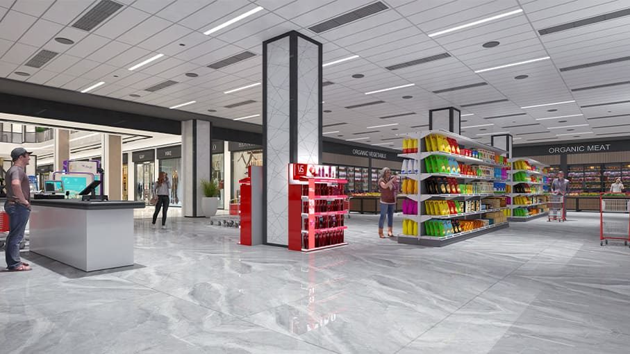 Supermarket floor with aisles and checkout counter