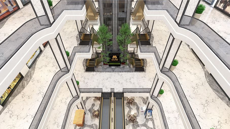 Top-down view of the mall atrium and escalators