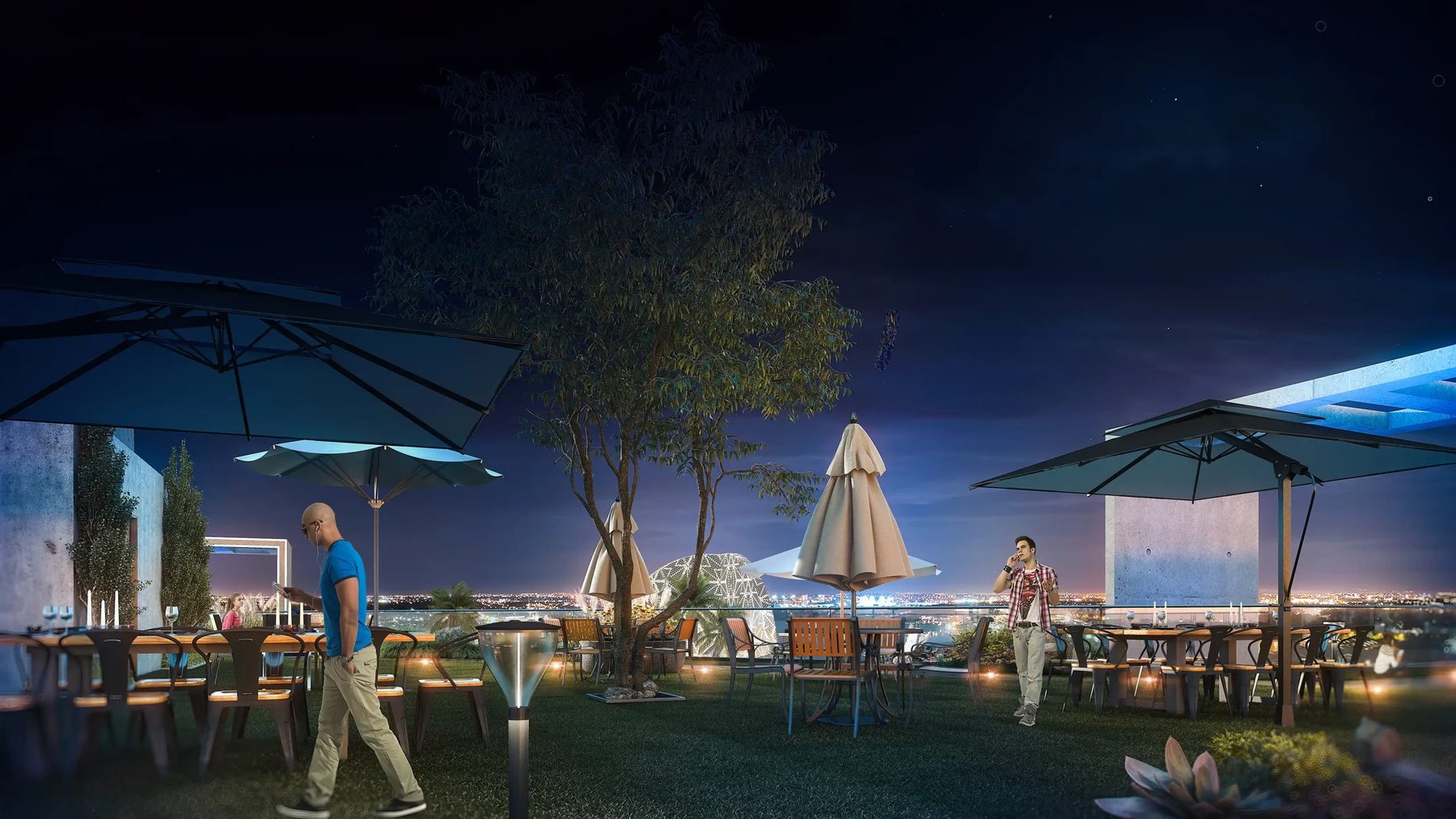 Pelican Mall rooftop terrace at dusk with umbrellas and seating