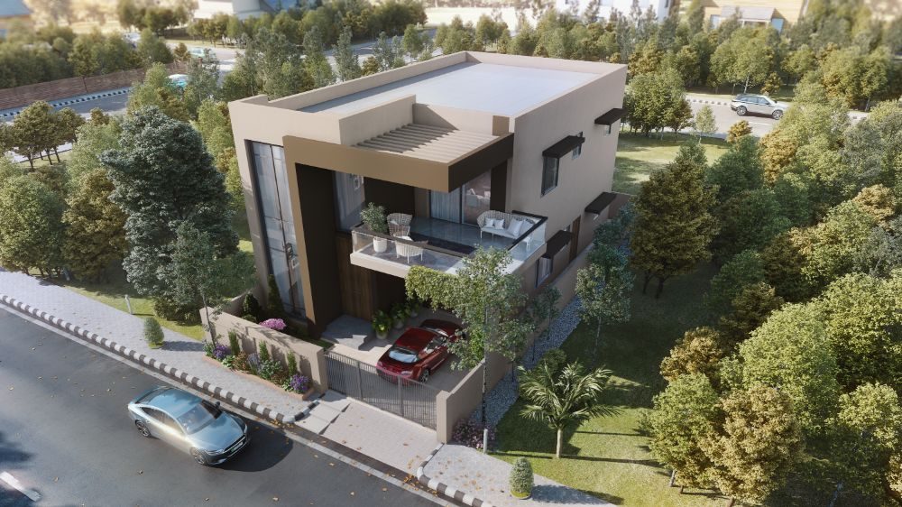 Aerial render of an 8 Marla villa and its plot