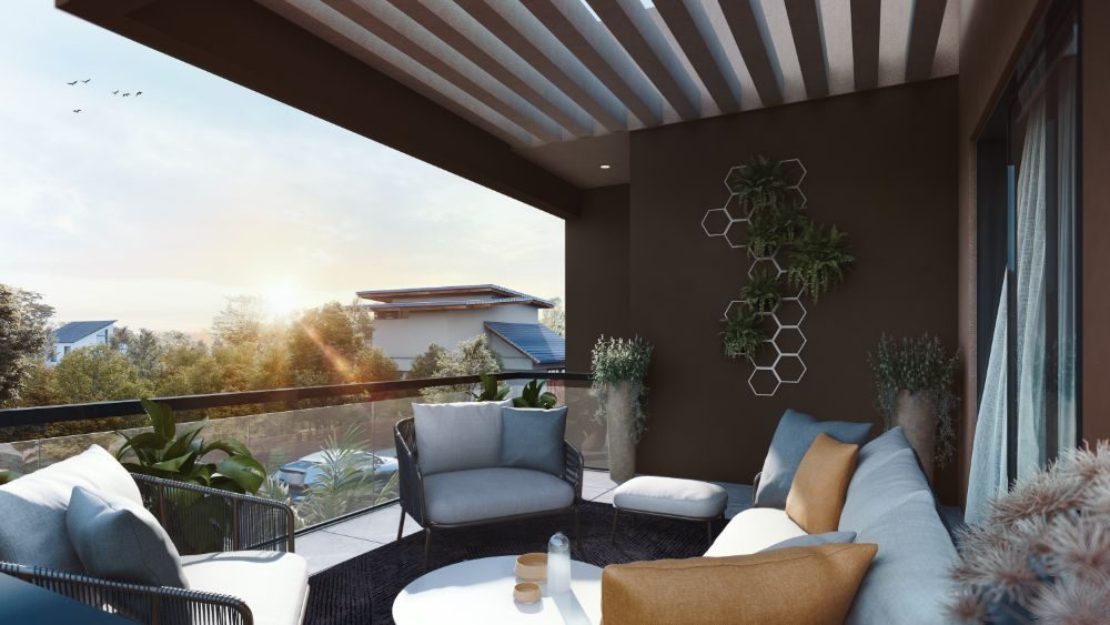 8 Marla villa first-floor terrace with outdoor seating at sunset