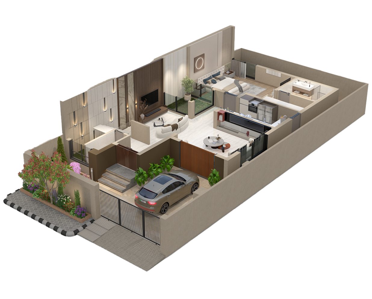 8 Marla villa ground floor 3D layout plan (flattened from transparent PNG)
