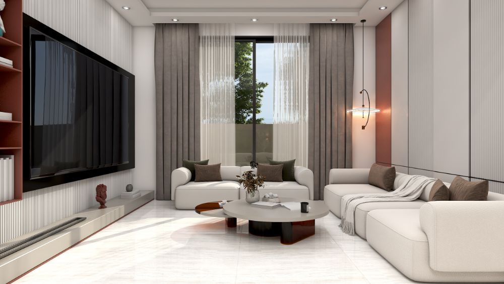 Drawing room with TV wall and sofas