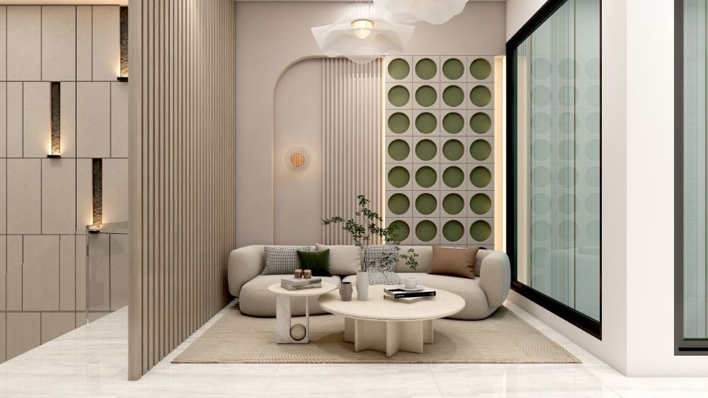 First-floor sitting area with round table and green feature wall