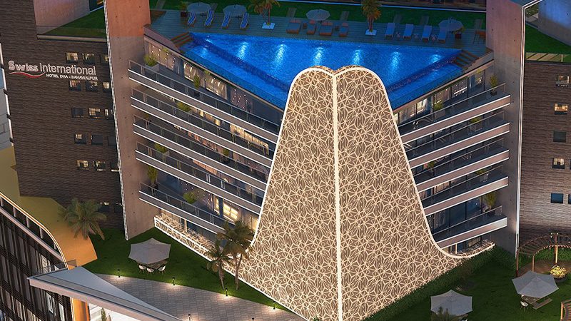 Aerial render looking down on the hotel rooftop pool and the patterned facade fin