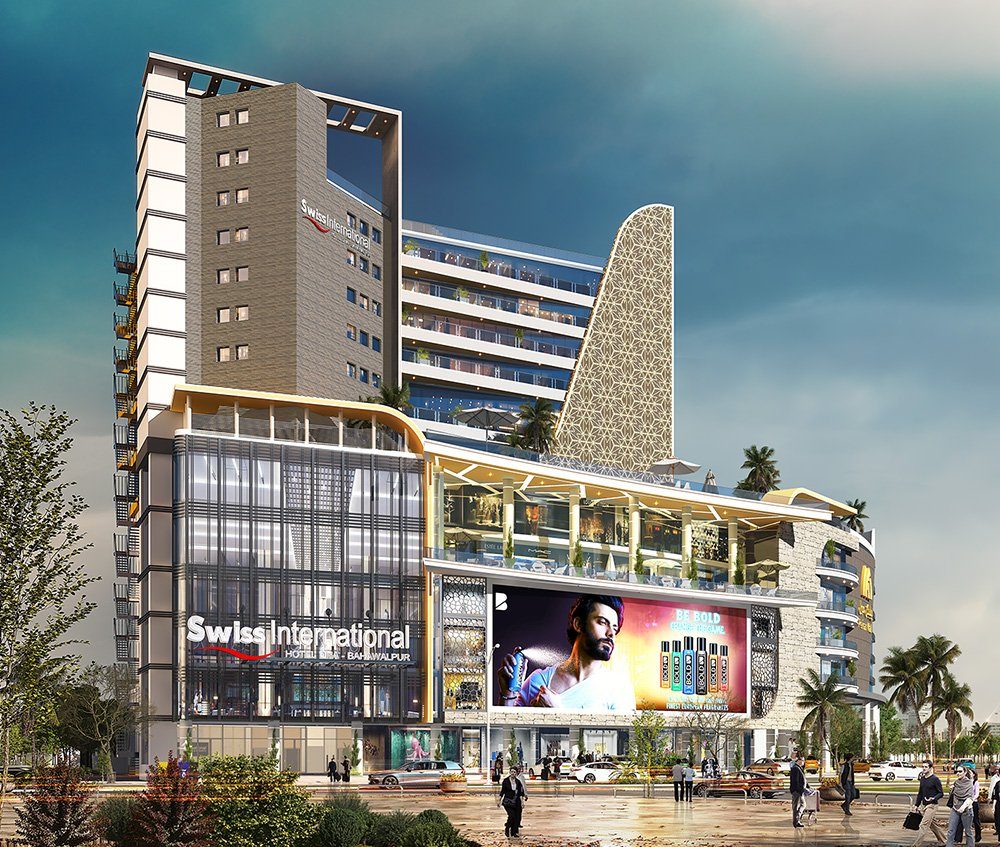 Swiss International Hotel exterior render with tower, podium and Swiss International signage