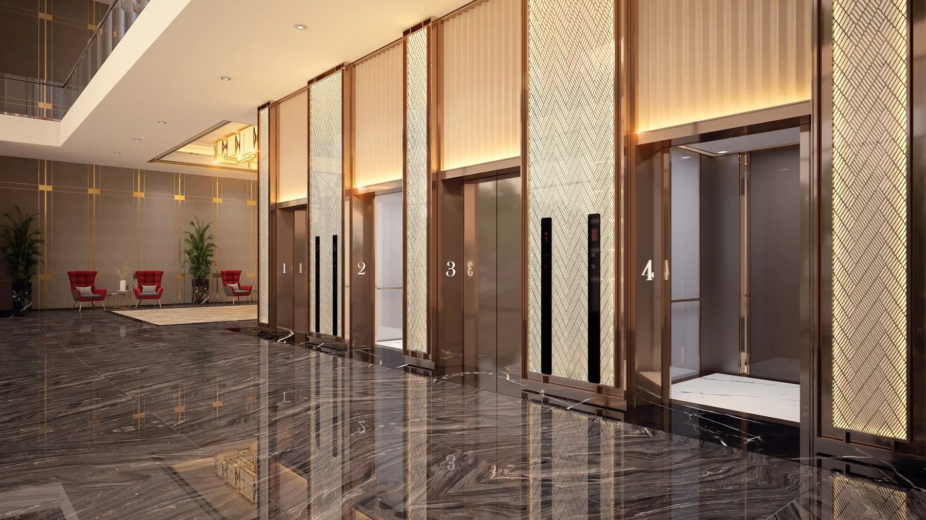 Hotel lift lobby with brass-trimmed doors and marble floor