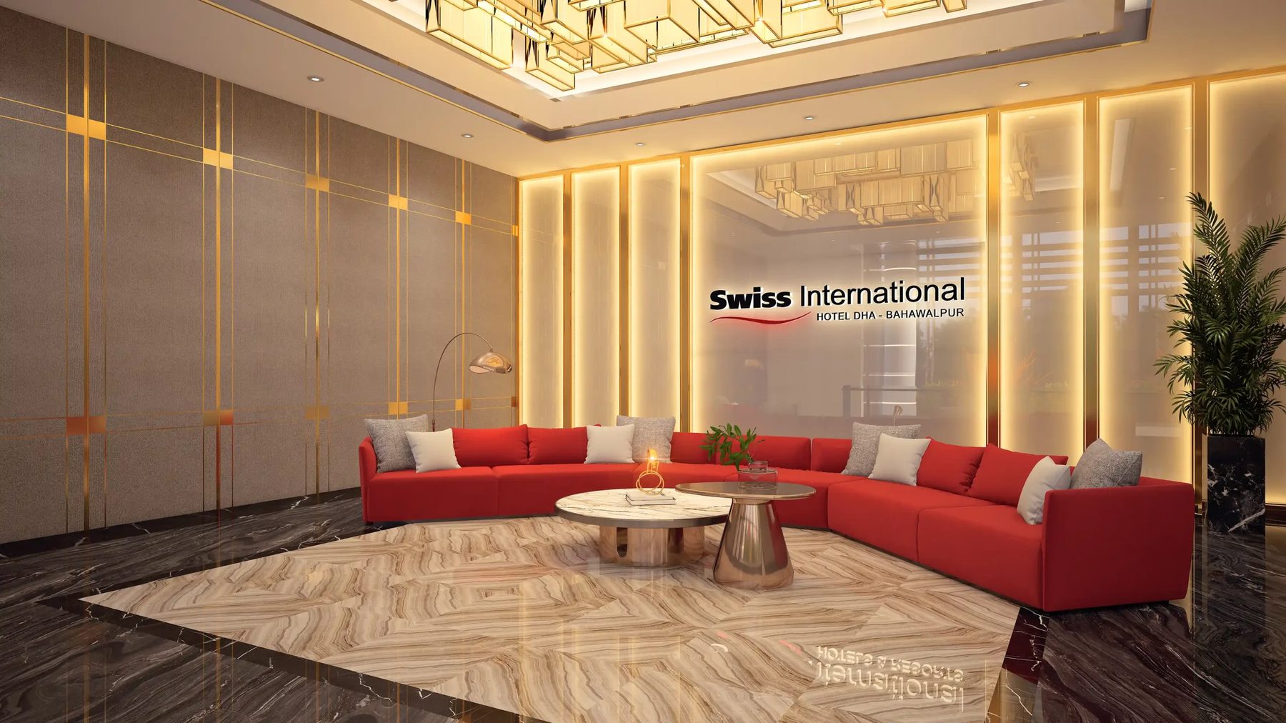 Hotel lounge with red sofas and Swiss International wall sign