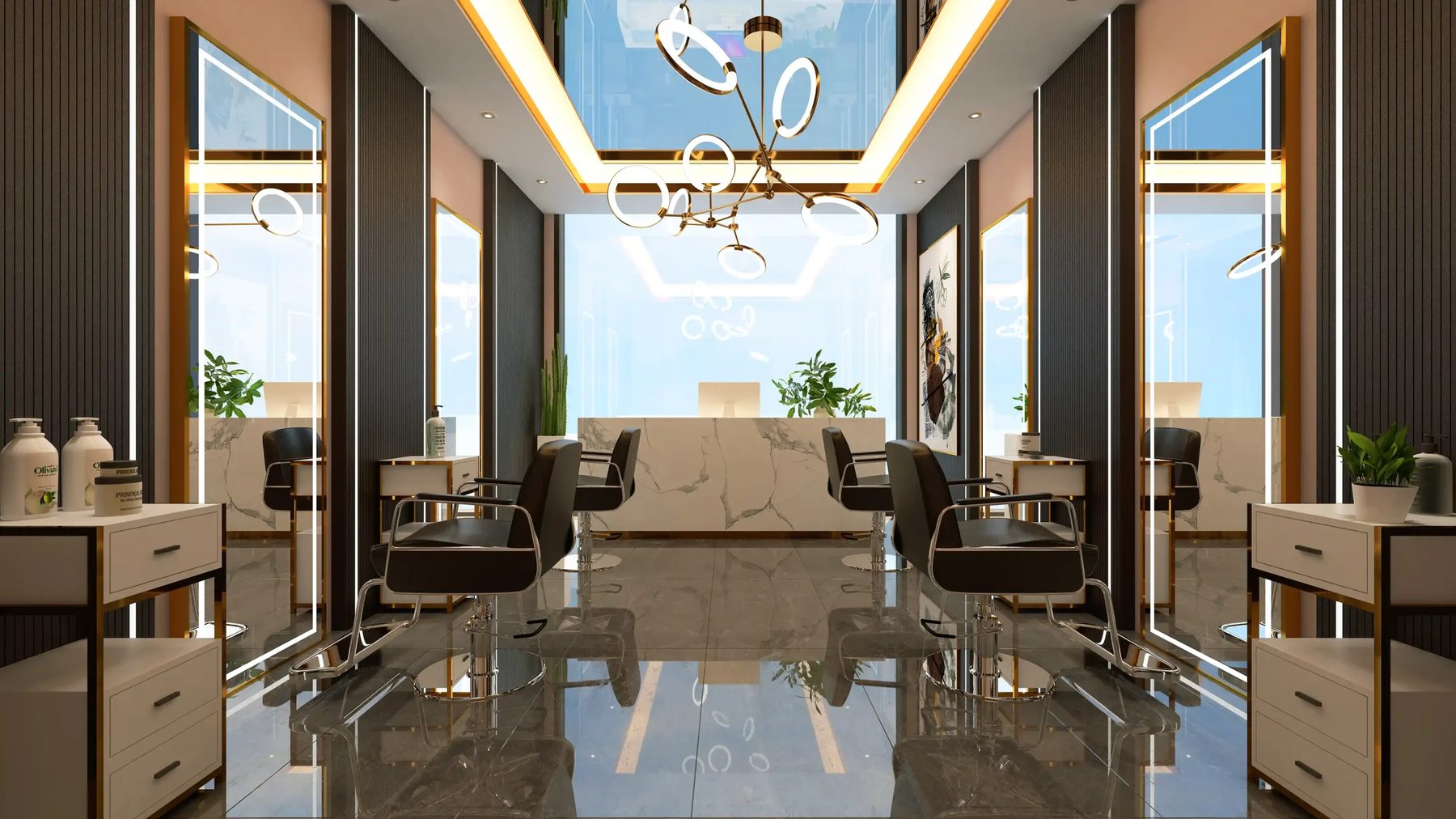 Hotel salon with styling stations and mirrors