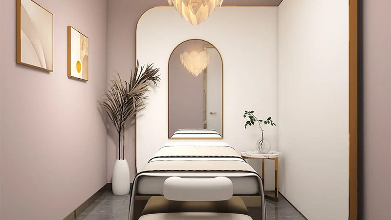 Spa massage room with treatment bed