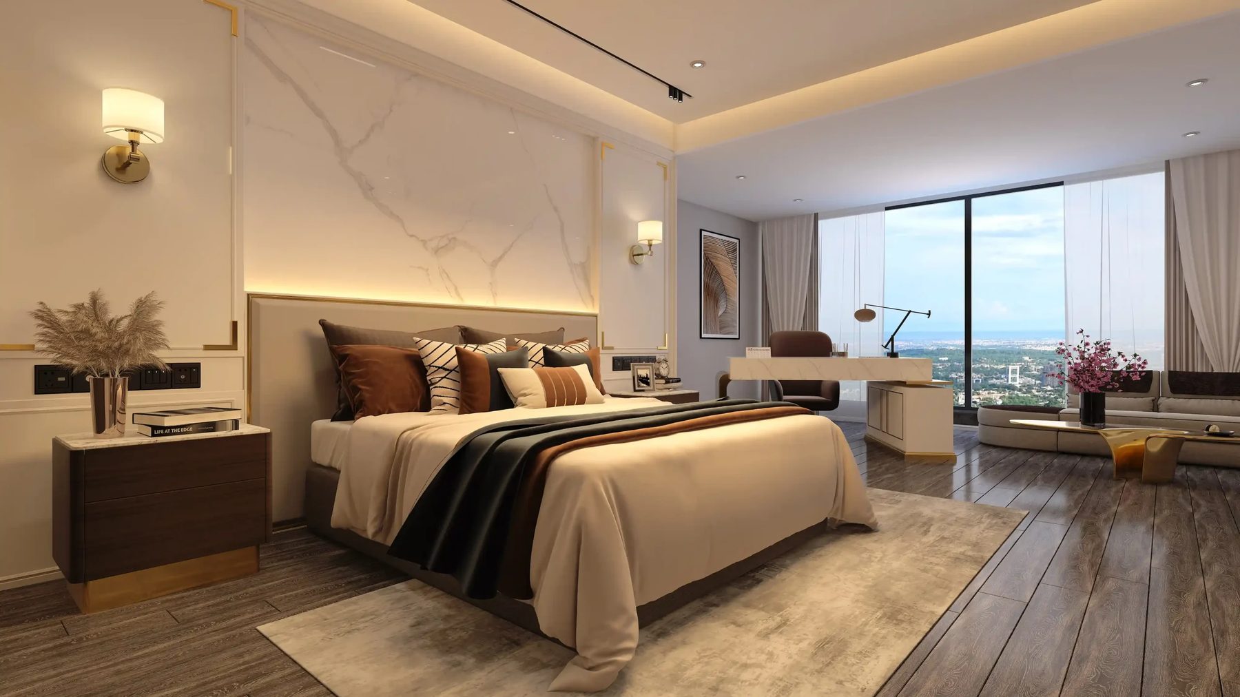 Hotel guest room with bed, desk and city view